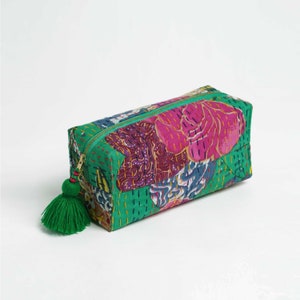 Green toiletry bag, kantha pouch, make up or cosmetic bag, utility pouch, 4X3X8 inches