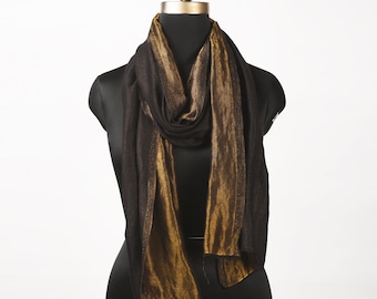 Black and gold fine wool and zari scarf, reversible autumn winter stole