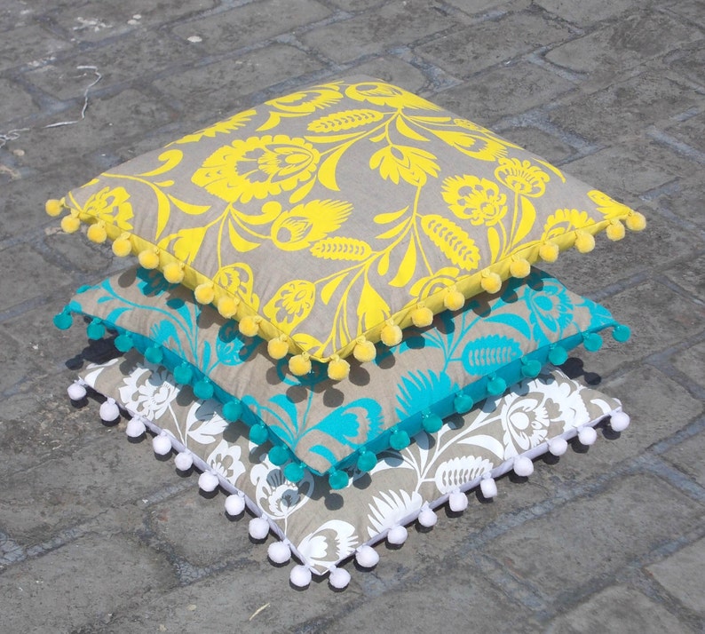 Yellow printed pillow cover linen pillow cover folk print Etsy