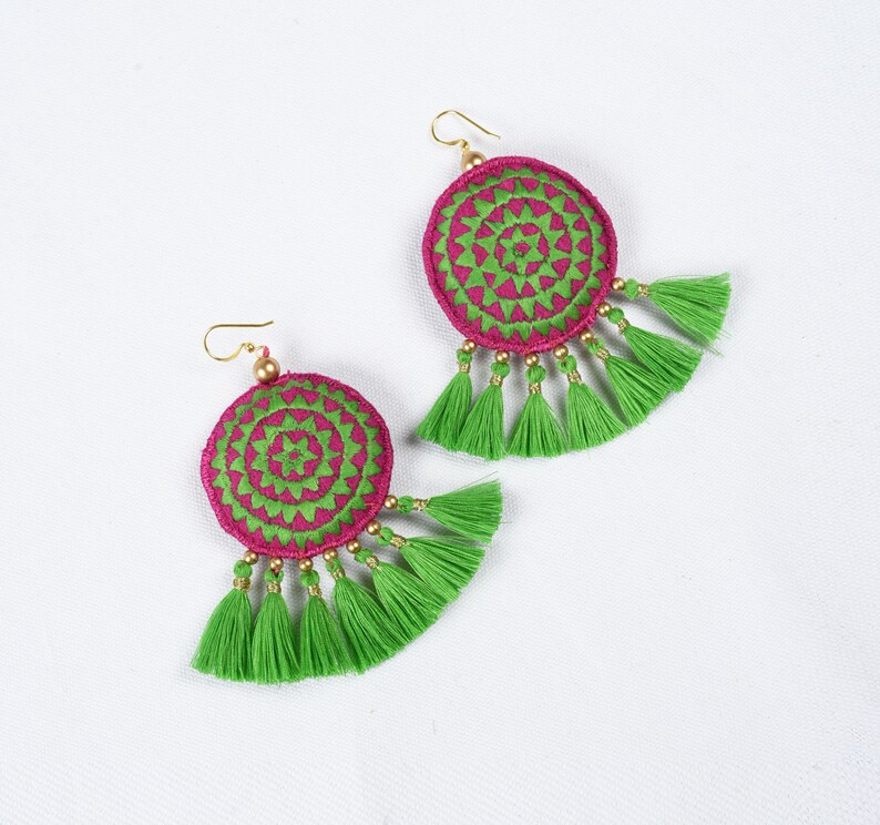Tassel earring green tribal earrings Boho jewelry threader Etsy