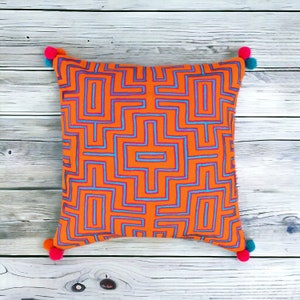 Cushion cover, embroidered pillow, mola, orange, boho, decorative pillow, standard size 16X16 inches