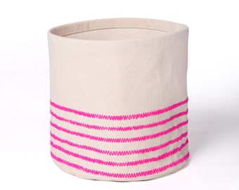 SMALL Storage basket, embroidered, bright pink acrylic wool on canvas fabric, laundry hamper, fabric bucket, sizes available