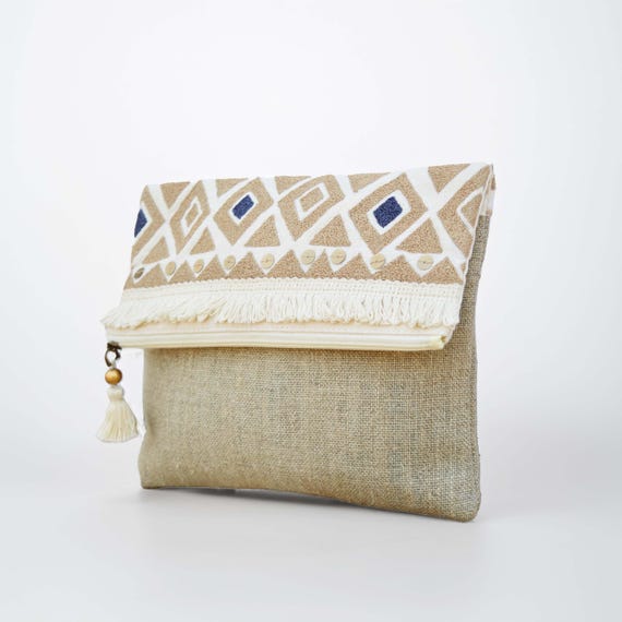 Boho pouch, moroccan, natural colour linen bag, foldover clutch, embroidered, 10X8 inches