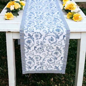 Blue cotton table runner, swirl print with stripe border, table decor, victorian pattern, sizes available