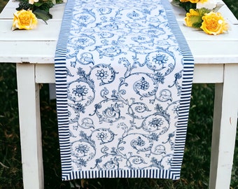 Blue cotton table runner, swirl print with stripe border, table decor, victorian pattern, sizes available
