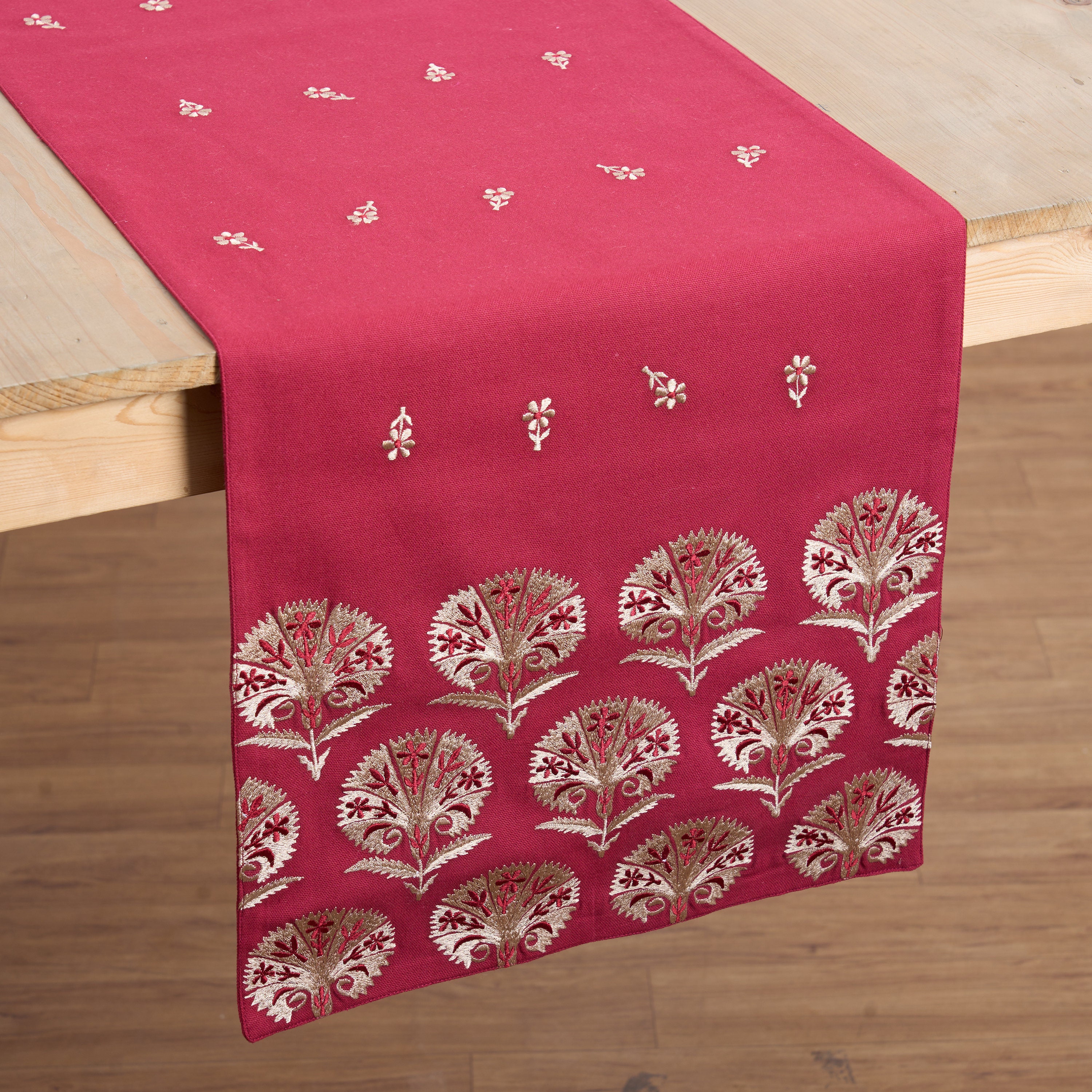 KASHIDAKAARI - Maroon Table Runner, Embroidered Floral Suzani