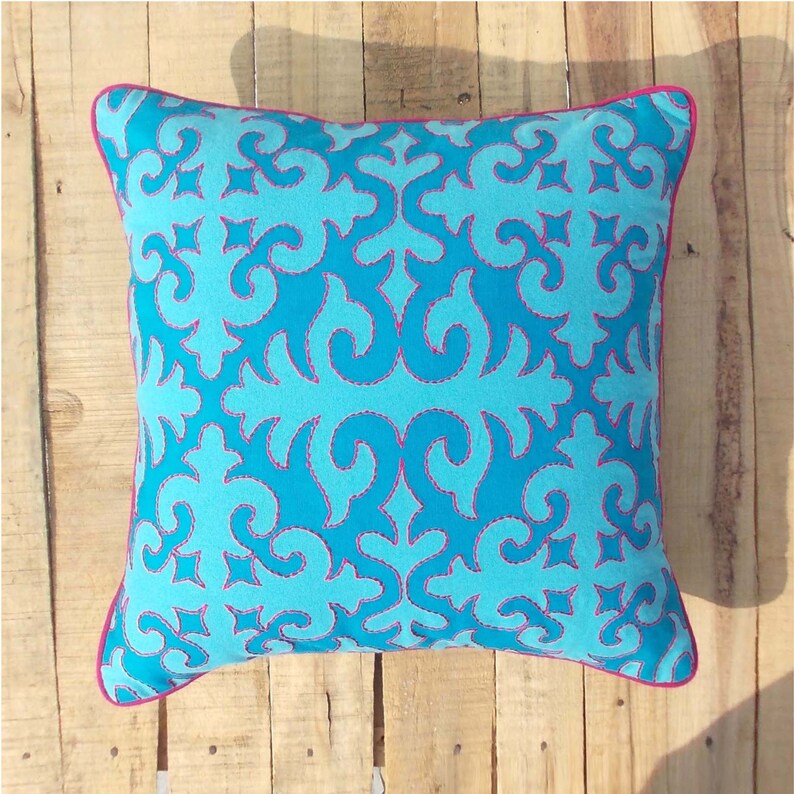 Turquoise pillow cover moroccan print bright pink piping and Etsy