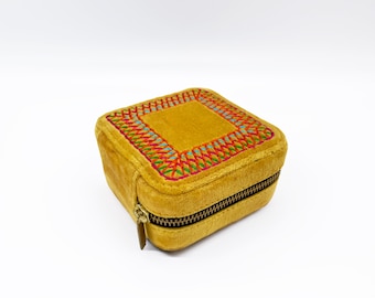 Mustard Velvet Square Embroidered Jewelry box, travel gift, Bridesmaid gift
