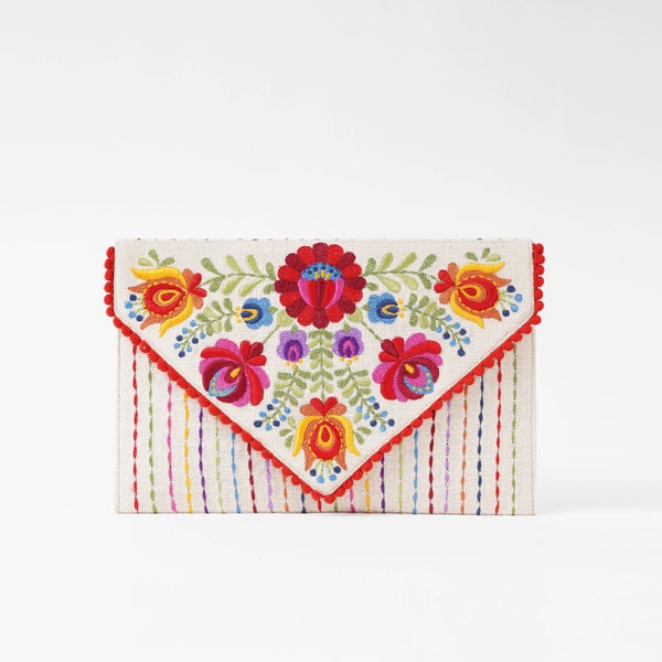 Matyo Umschlag Clutch, off white Color Tasche, Foldover Geldbörse, Boho, bunt, bestickt, 6X9 Zoll