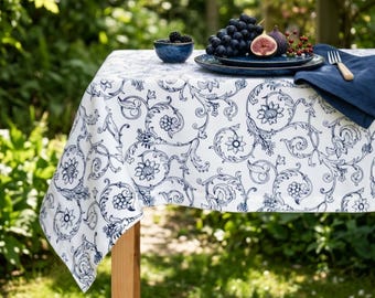 Blue Victorian Swirl Print Cotton Tablecloth