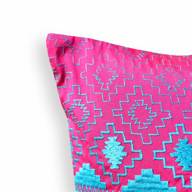 KIlim pattern embroidered pillow cover, hot pink and turquoise, Polytafetta pillow cover, size 14X21 inch image 4
