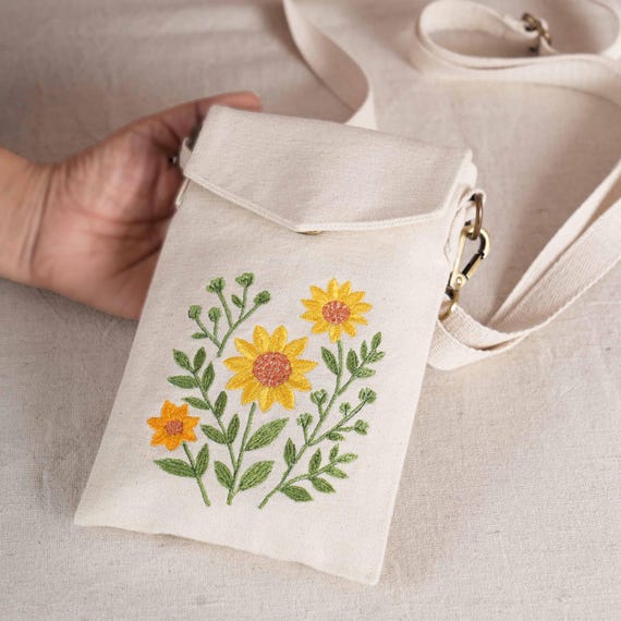 クリーム色 アンカー刺繍 スリングバッグ SUNFLOWER刺繍キャンバススリングバッグ - 5×8インチ - ジップポケット