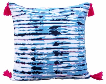 Shibori Stripe pillow cover, striped, tie dye, bright pink tassels, asian look, standard size pillow cover16"X16"