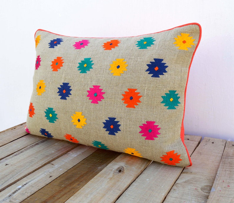 Embroidered Pillow Cover in Linen Multicolour Moroccan Pillow Etsy