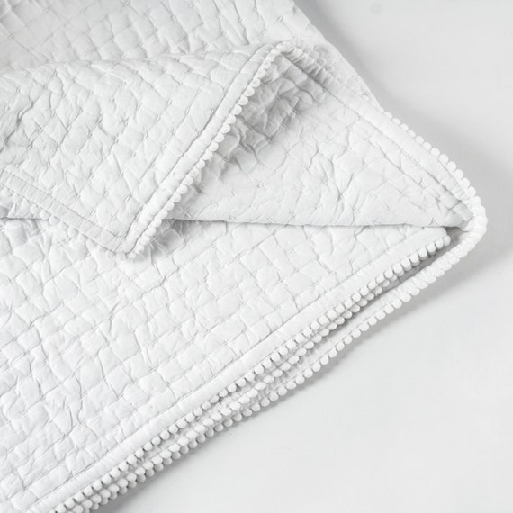 White Cotton Kantha Quilted Bedspread With Small Pompom Lace at