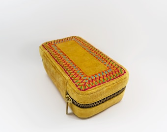 Mustard Velvet Rectangular Embroidered Jewelry box, travel gift, Bridesmaid gift