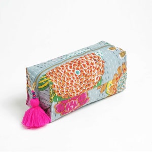 Grey print toiletry bag, kantha pouch, make up or cosmetic bag, utility pouch, 4X3X8 inches