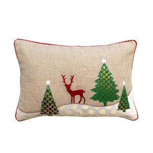 Funda de almohada navideña de lino con árboles de brocado y renos bordados, 35 x 53 cm