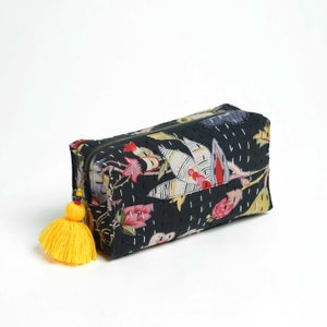 Black toiletry bag, kantha pouch, make up or cosmetic bag, utility pouch, 4X3X8 inches