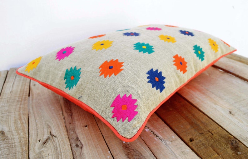 Embroidered Pillow Cover in Linen Multicolour Moroccan Pillow Etsy