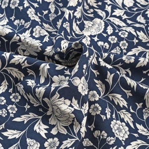 Blue printed fabric, kalamkari pattern, 100% cotton duck, by the metre, floral print