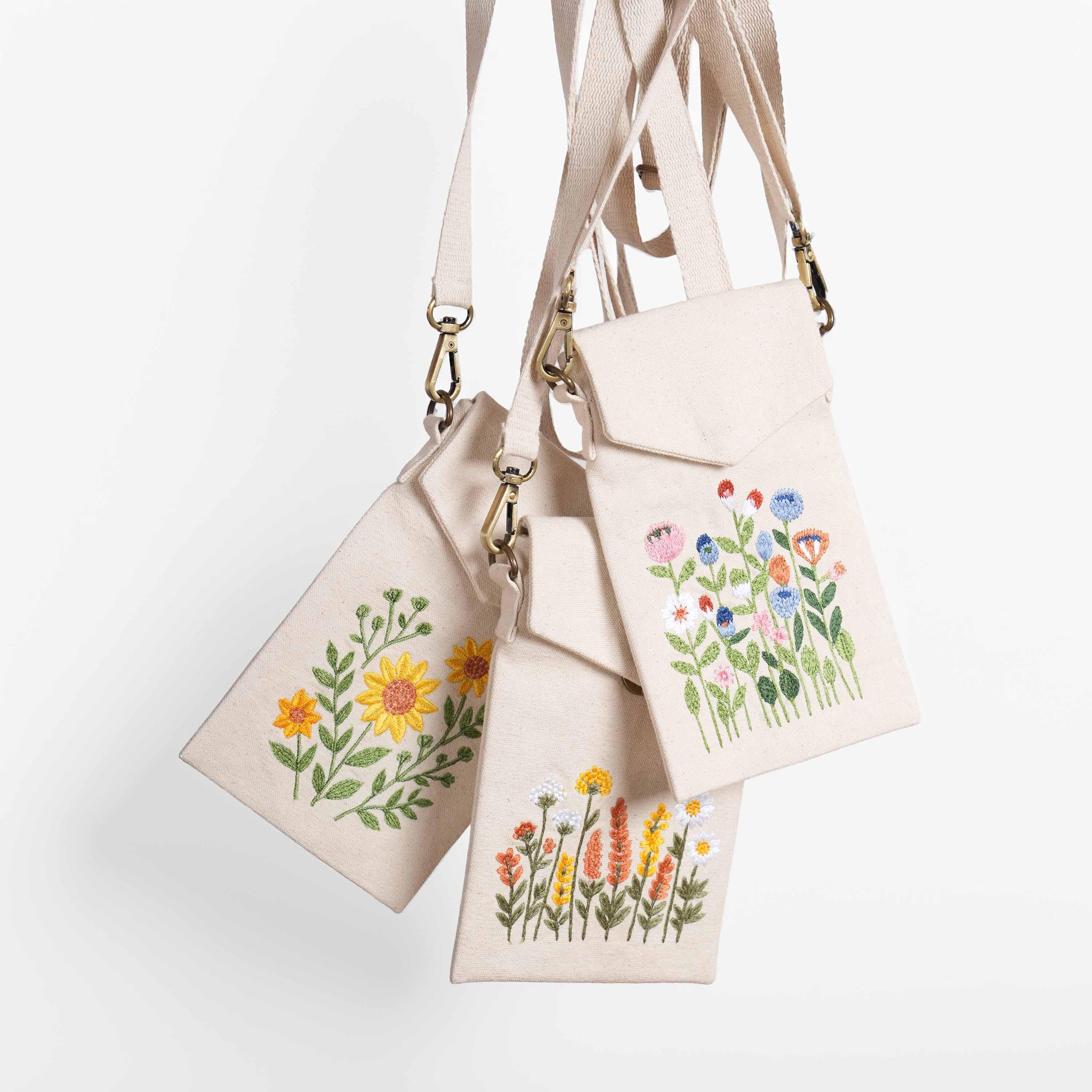 SUNFLOWER刺繍キャンバススリングバッグ - 5×8インチ - ジップポケット
