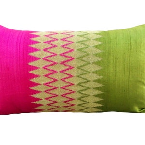 Silk pillow cover,ikat, gold embroidery, pink/green with gold, asian style, bright colour lumbar pillow, ethnic