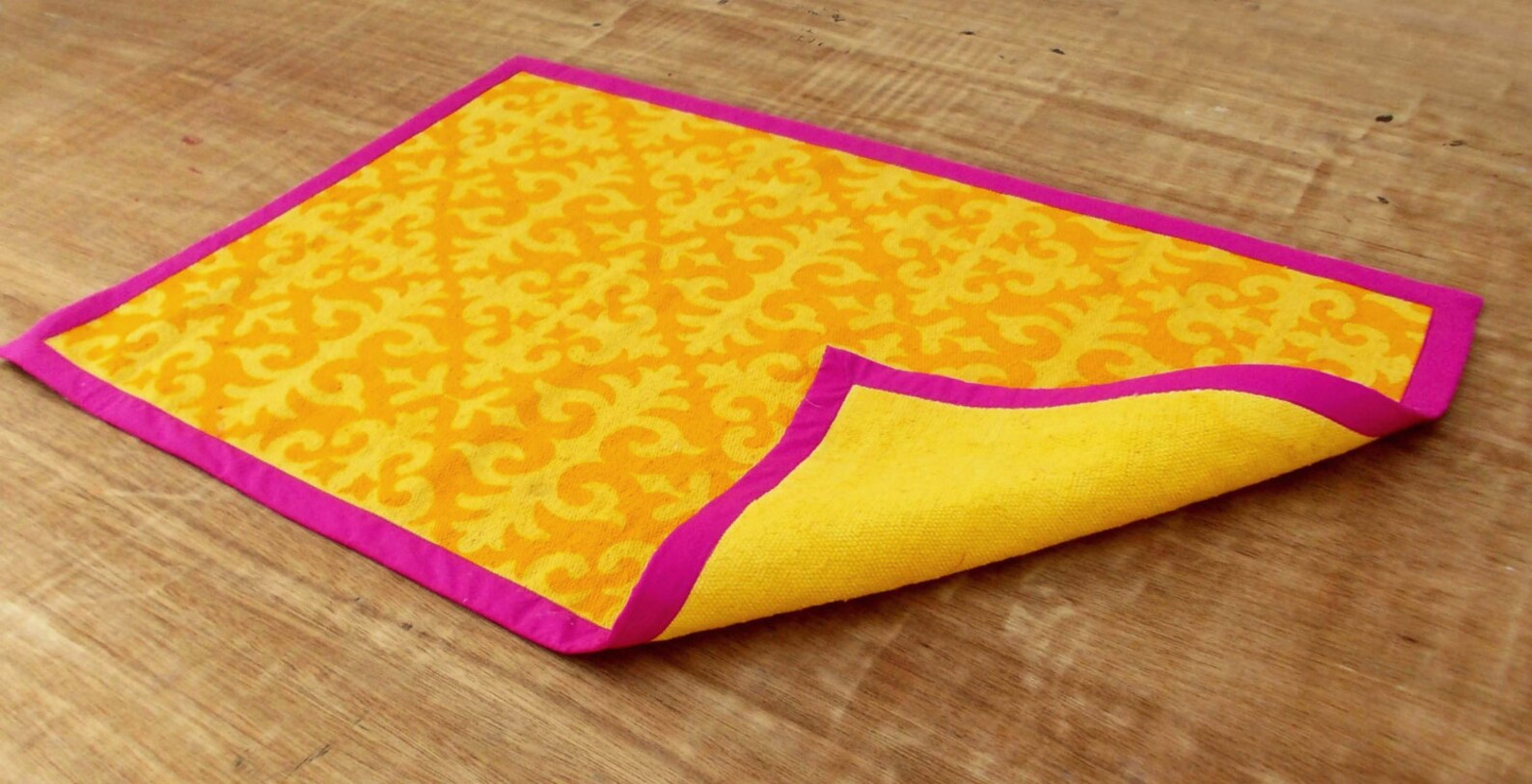 Buy Yellow Cotton Rug Moroccan Print Bright Pink Cotton Edging Online