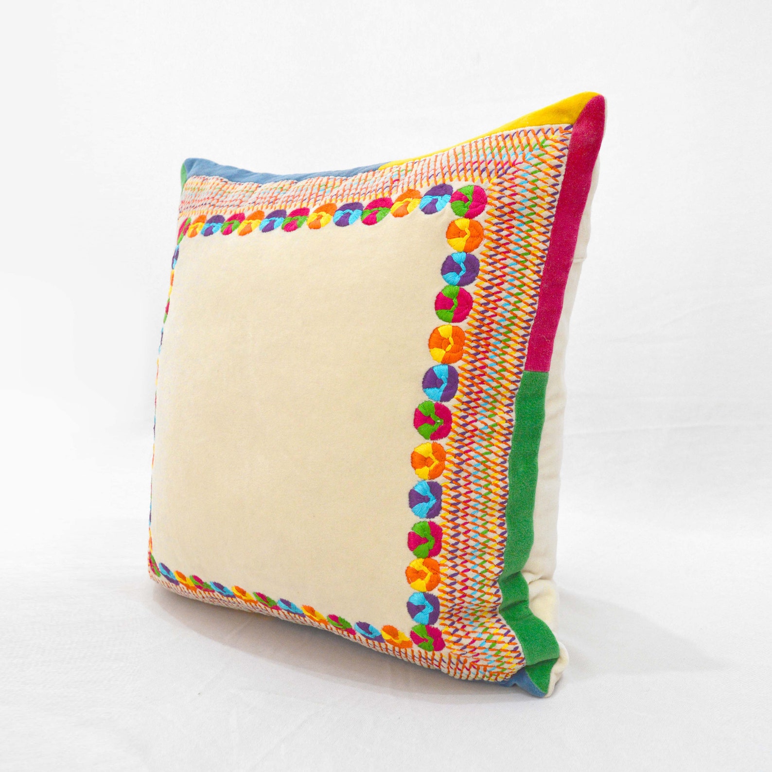 Beige Velvet Pillow Cover Multicolour Hand Embroidery Etsy