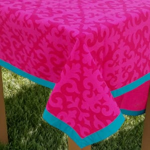 Bright pink Moroccan table cloth with turquoise border, Bohemian cotton table cloth, size available