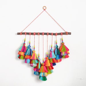 Può includere: Un arazzo da parete colorato con nappe multicolori e perline di legno. Le nappe sono disposte a cascata e sono realizzate in filato in tonalità di rosa, blu, verde, giallo e arancio.