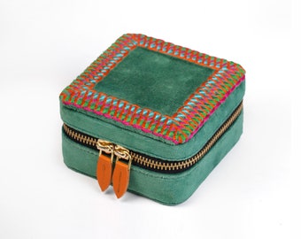 Tropical Green Velvet Square Embroidered Jewellery box, travel gift, Bridesmaid gift