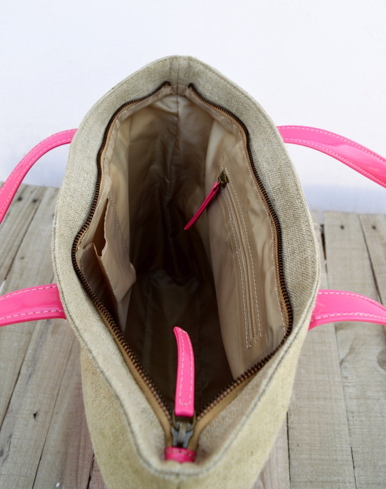 Linen and faux leather tote bag, natural with fuschia, classic everyday bag. image 5