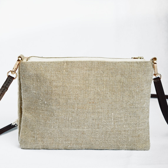 Boho Sling Bag Linen and Off White Moroccan 9x7 Inches with 1.5 MT Long Detachable Sling