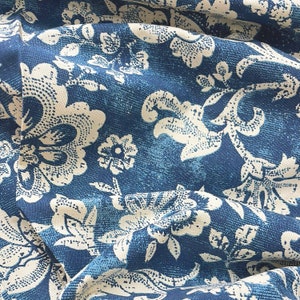 Indigo Blue printed fabric, bold floral pattern, 100% cotton duck, by the metre