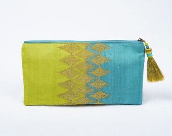 Evening purse, zipper pouch, pure silk clutch, bohemian