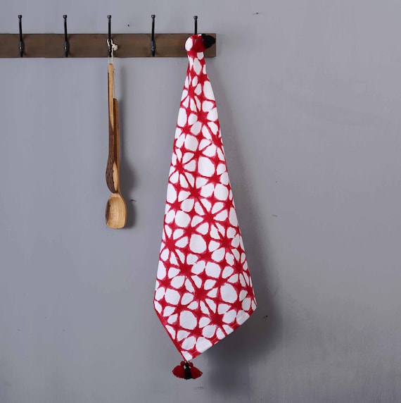 Torchon de cuisine, imprimé tie-dye couleur rouge sur blanc, coton