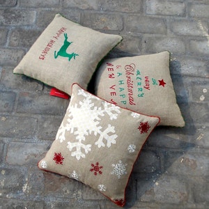 Christmas linen pillow cover, snowflake, Indian brocade applique & embroidered pillow size 16X 16 image 4