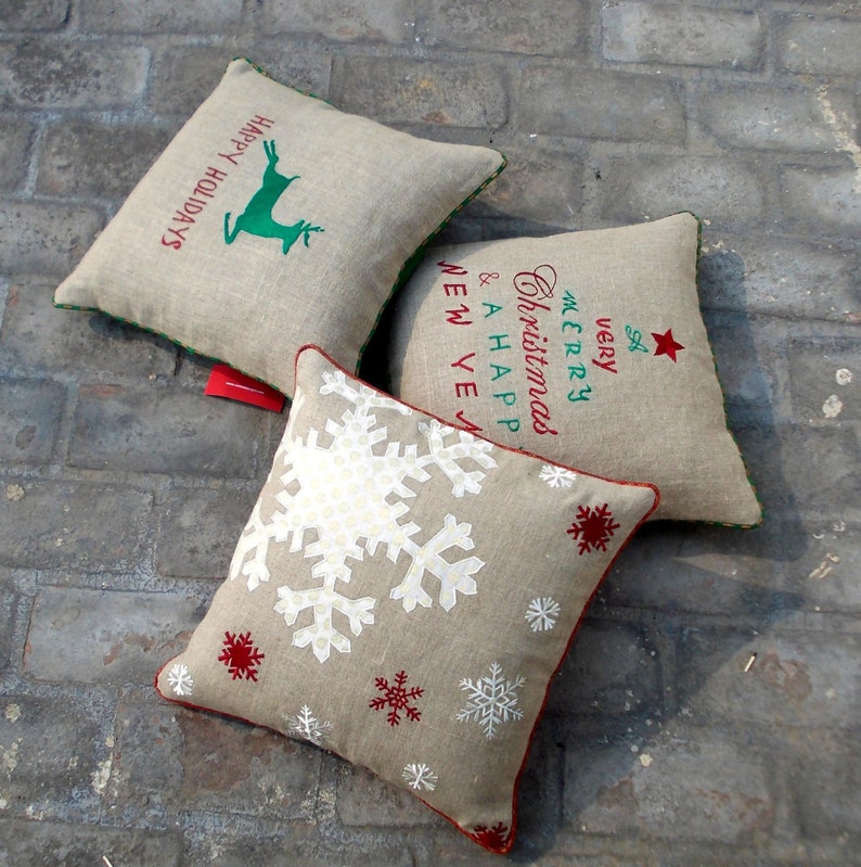 Christmas linen pillow cover, snowflake, Indian brocade applique & embroidered pillow size 16X 16 image 4