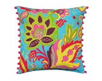 Turquoise Stylized Floral  embroidered cushion cover