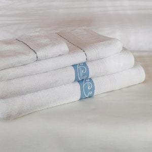 SWIRL Embroidered white organic cotton Bath towels, sizes available