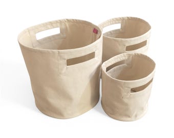 Set mit 3 runden Aufbewahrungskörben aus Segeltuch, natürlichen Baumwollgewebe, minimalistischer Hausorganisator, Wäsche- und Regalaufbewahrung, neutrales Dekor