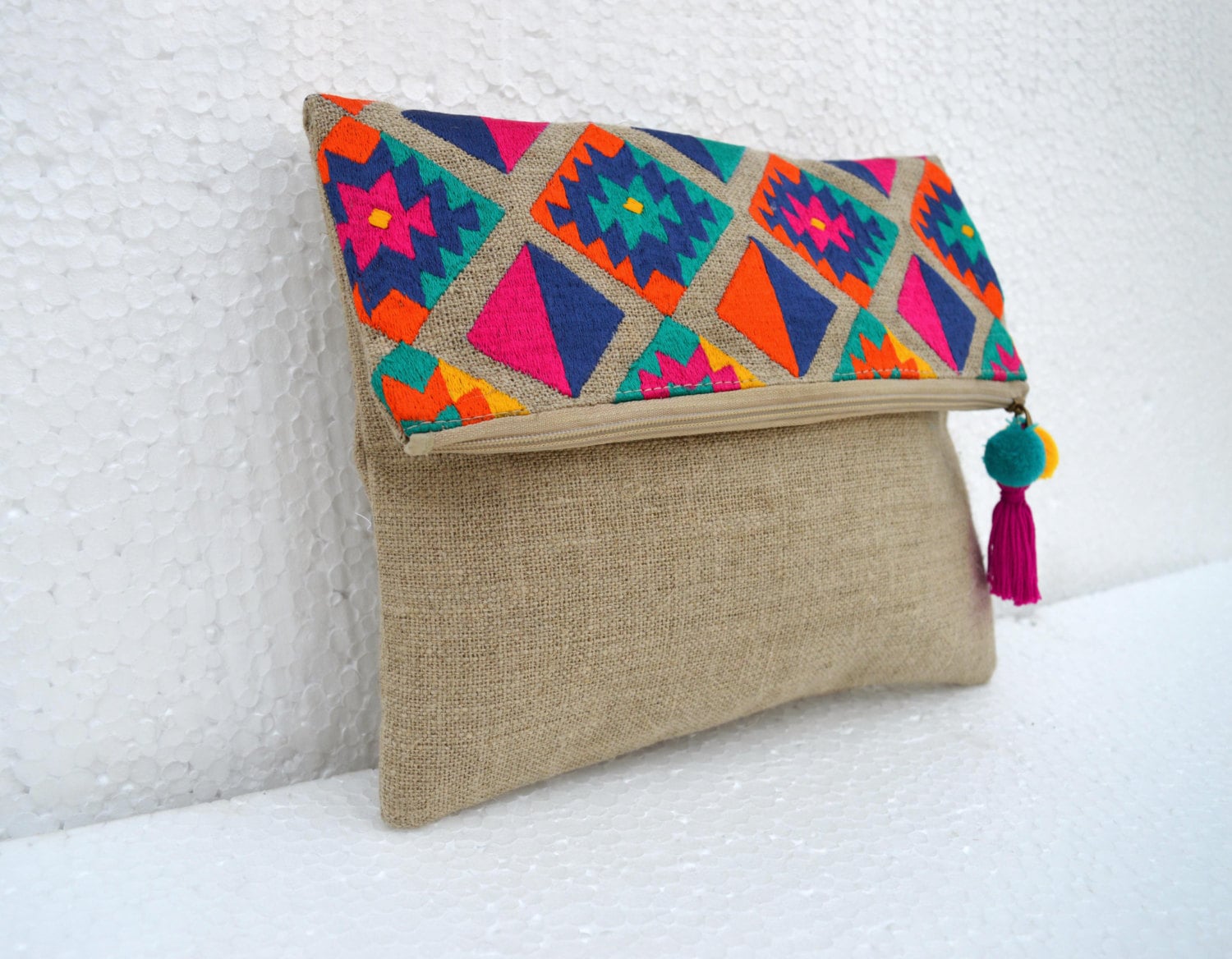 Boho pouch, linen bag, kilim pattern, moroccan, foldover clutch, embroidered, 10X8 inches