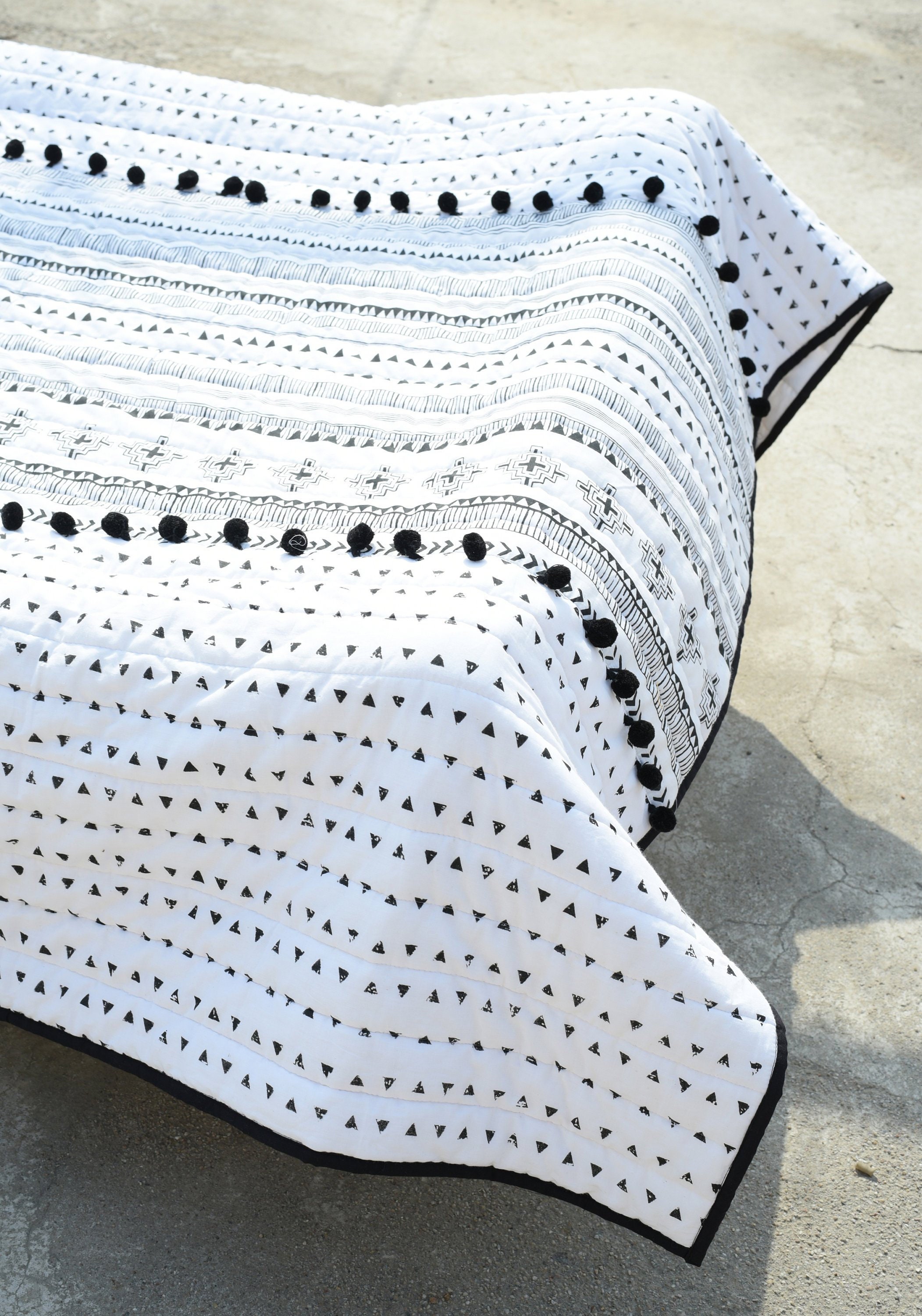 Aztec Quilted Bedspread Black and White 