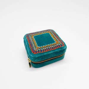Teal Velvet Square Embroidered Jewelry box, travel gift, Bridesmaid gift