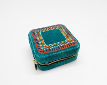 Teal Velvet Square Embroidered Jewelry box, travel gift, Bridesmaid gift