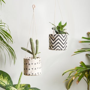 Cotton Canvas plant hanger, chevron pattern, black and white image 8