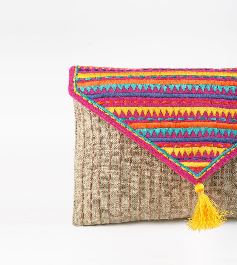 Tribal Pouch Envelope Clutch Linen Colour Bag Foldover Etsy