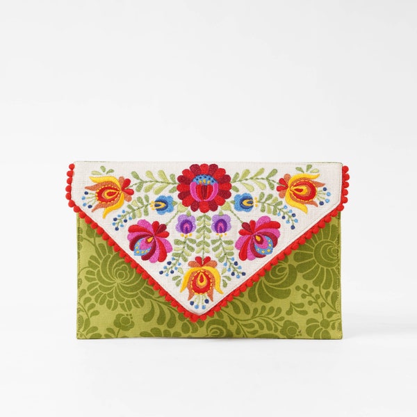 Matyo envelope clutch, Green colour bag, foldover purse, bohemian, multicolour, embroidered, 6X9 inches