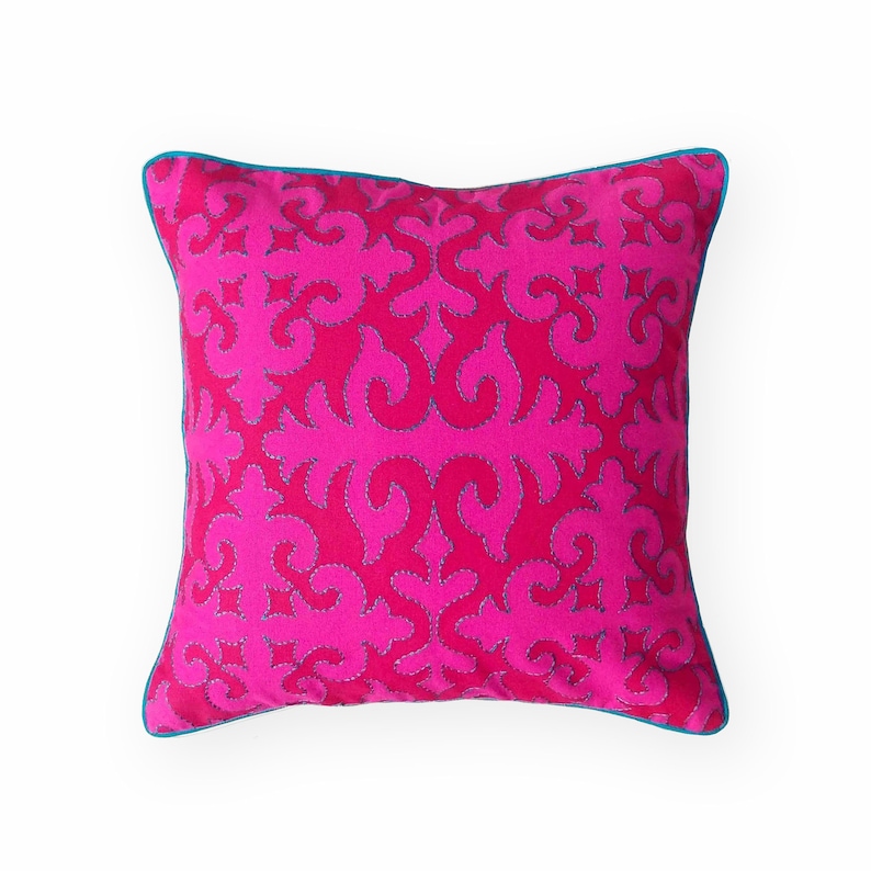 Bright Pink Pillow Cover Moroccan Print With Embroidery Etsy